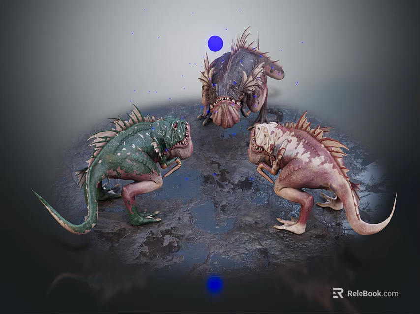 Three Colorful Fantasy Creatures Standing On Rocky Ground With Blue Spheres 3d model 