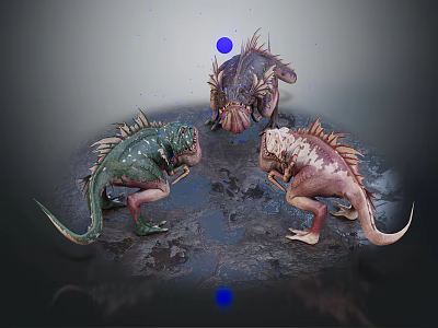 Three Colorful Fantasy Creatures Standing On Rocky Ground With Blue Spheres 3d model