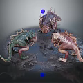 Three Colorful Fantasy Creatures Standing On Rocky Ground With Blue Spheres