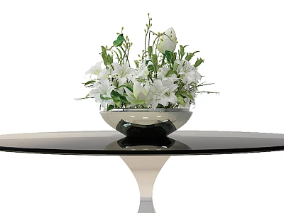 White Flowers Arrangement In Black Bowl Vase On Round Table With Silver Base 3d model