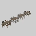 Modern Wooden Dining Table With Six Upholstered Brown And Gray Chairs