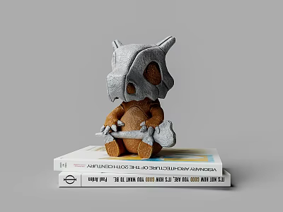 Dinosaur Skull Toy Holding Bone Sitting On Stack Of White Books With Simple Design 3d model