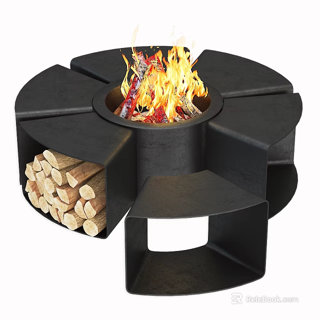 Modern Outdoor Fire Pit With Wood Storage And Burning Flame 3d model 