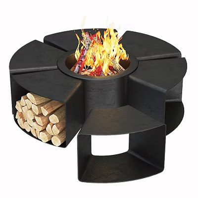 Modern Outdoor Fire Pit With Wood Storage And Burning Flame 3d model