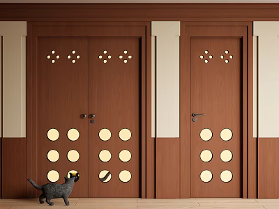 Brown Wooden Double Doors With Circular Patterns And Gray Cat Nearby 3d model