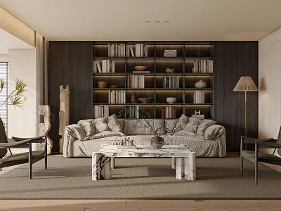Cozy Living Room With Dark Bookshelf Wall Books Light Gray Sofa White Marble Coffee Table 3d model