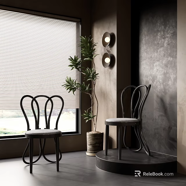 Modern Leisure Chairs With Curved Backrest In Room With Window Blinds Green Plant And Wall Lamps 3d model 