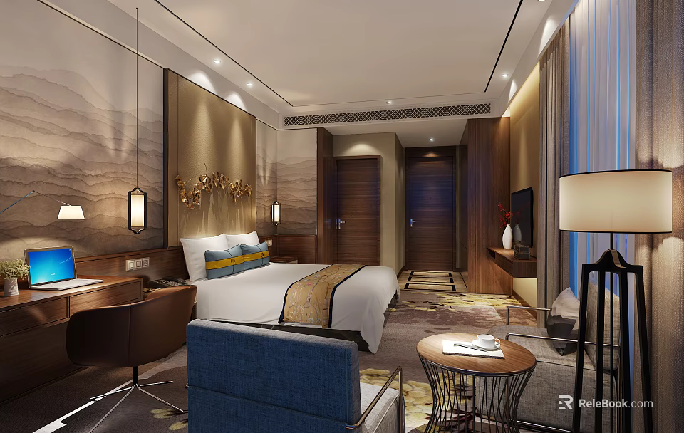 Elegant Modern Hotel Guest Room With King Bed Blue Sofa Work Desk And Wall Decor 3d model 