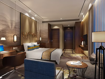 Elegant Modern Hotel Guest Room With King Bed Blue Sofa Work Desk And Wall Decor 3d model