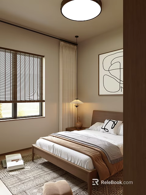 Cozy Bedroom Interior With Window Blinds Curtains Table Lamp Headboard And Abstract Painting 3d model 