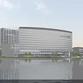 Modern Office Building With Glass Curtain Wall Waterfront Reflection And Tall Building Complex