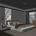 Sleek Modern Bedroom Interior With King Bed Wall Art Accent Chair And Area Rug