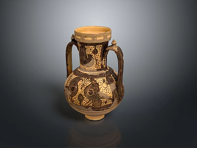 Sculpted Two Handled Vase With Intricate Tan And Black Patterns 3d model