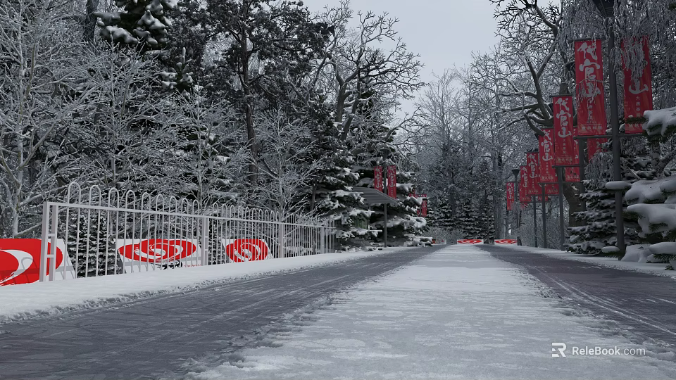 Snowy Road Facilities With Icy Surface White Fence Red Signs And Trees 3d model