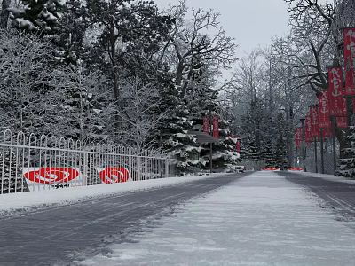 Snowy Road Facilities With Icy Surface White Fence Red Signs And Trees 3d model