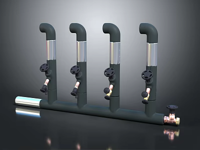 Four Vertical Black Industrial Pipes With Brass Valves And Metal Connections 3d model