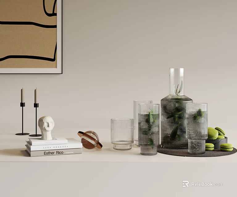 Modern Decorative Ornaments Set with Miniature Sculpture Books Glassware Greenery Vase and Candles on Tabletop 3d model 