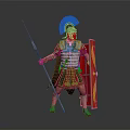Traditional Roman Soldier in Shiny Metallic Armor Wearing Red Plumed Helmet Holding Spear and Shield