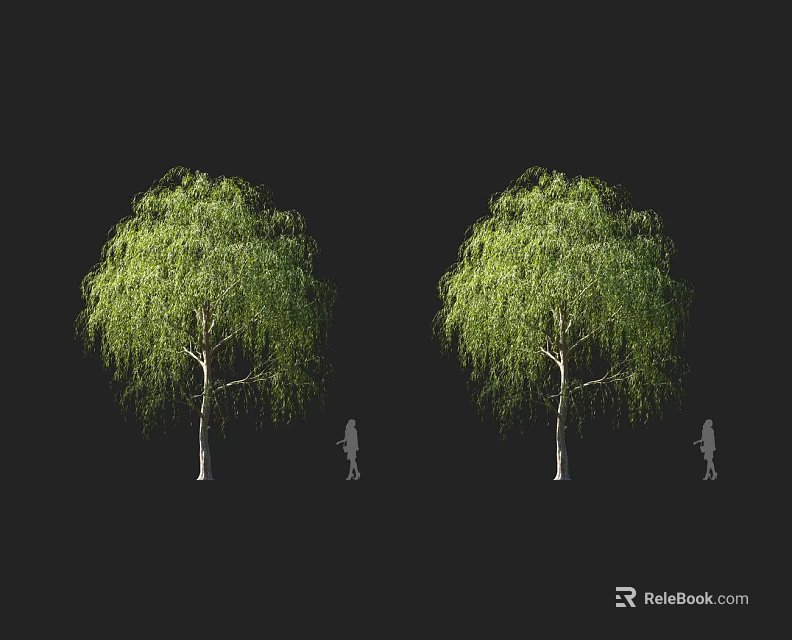 Two Green Willow Trees Against Black Background With Silhouette Figures Standing Underneath 3d model