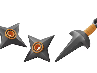 Decorative Ornament Set with Black Orange Star Shurikens and Dagger for Home Decor 3d model