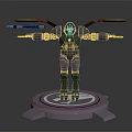 Green Robot Character With Multiple Mechanical Arms Standing on Silver Circular Base 3d model