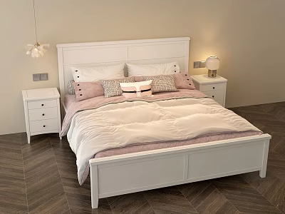 White Double Bed With Pink Bedding Pillows White Nightstands And Table Lamps In Bedroom 3d model