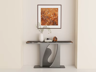 Modern Console Table with Framed Orange Artwork Vase Plant and Decor Items 3d model