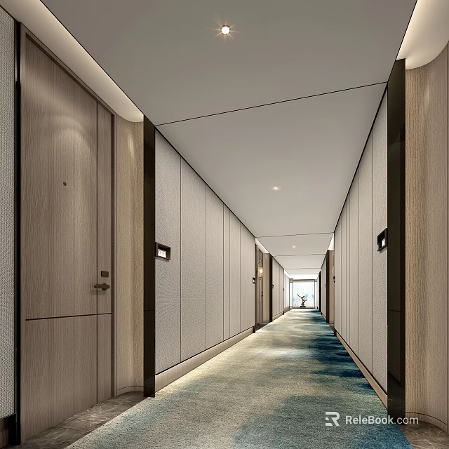 Modern Hotel Corridor Interior With Wooden Walls Guest Room Doors And Carpeted Floor 3d model 