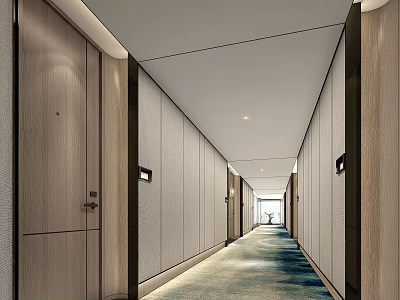 Modern Hotel Corridor Interior With Wooden Walls Guest Room Doors And Carpeted Floor 3d model