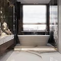 Elegant Modern Bathroom Interior Design With Marble Countertop Large Mirror And Freestanding Bathtub