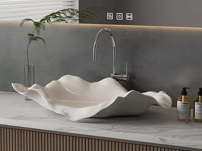 White Wavy Modern Bathroom Washbasin With Silver Faucet And Marble Countertop 3d model