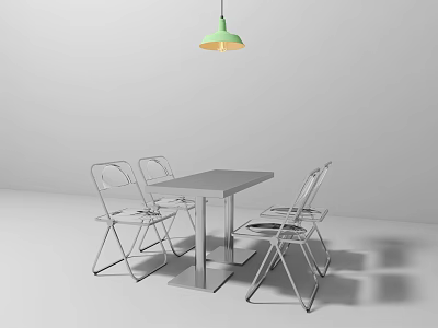 Dining Table and Chairs Set with Metal Tabletop Transparent Chairs and Green Pendant Light Above 3d model