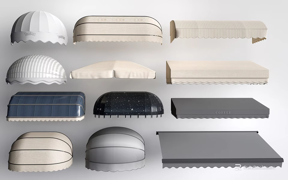 Various Awnings with Different Designs Colors and Styles Including Dome and Flat Shapes 3d model 