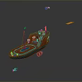 Colorful Patterned Small Boat With Flag And Floating Objects Airplane Orange Purple Items