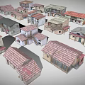 Various Small Building Models With Red Gray Tiles White Red Brown Exteriors Single Multi Story