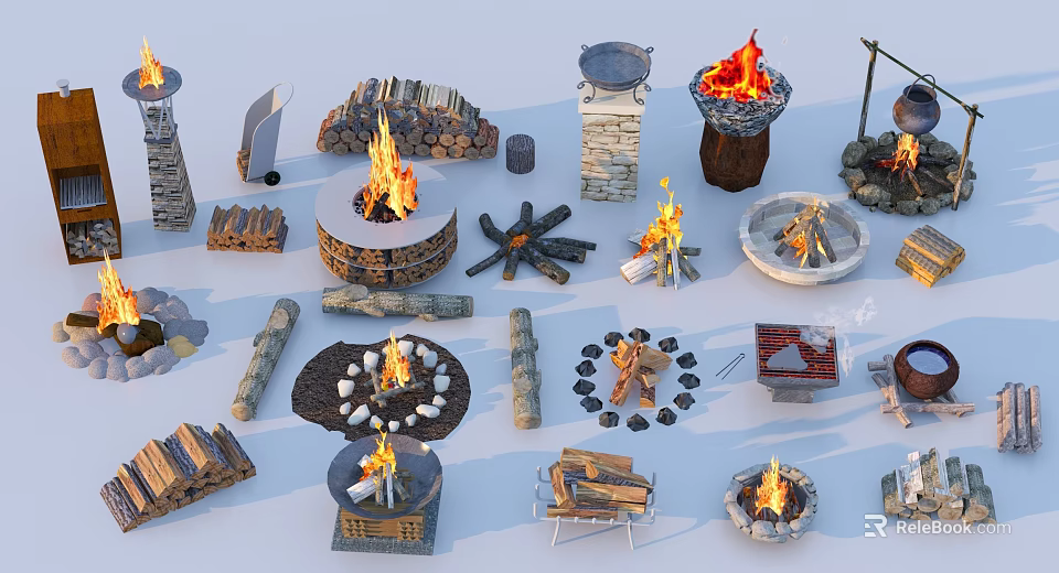 Decorative Outdoor Garden Ornaments With Fire Pits Bonfire Setups Stone Structures And Firewood Stacks 3d model 