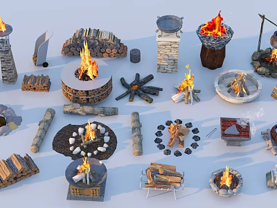 Decorative Outdoor Garden Ornaments With Fire Pits Bonfire Setups Stone Structures And Firewood Stacks 3d model