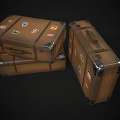 Two Vintage Brown Suitcases With Colorful Travel Stickers And Metal Corners