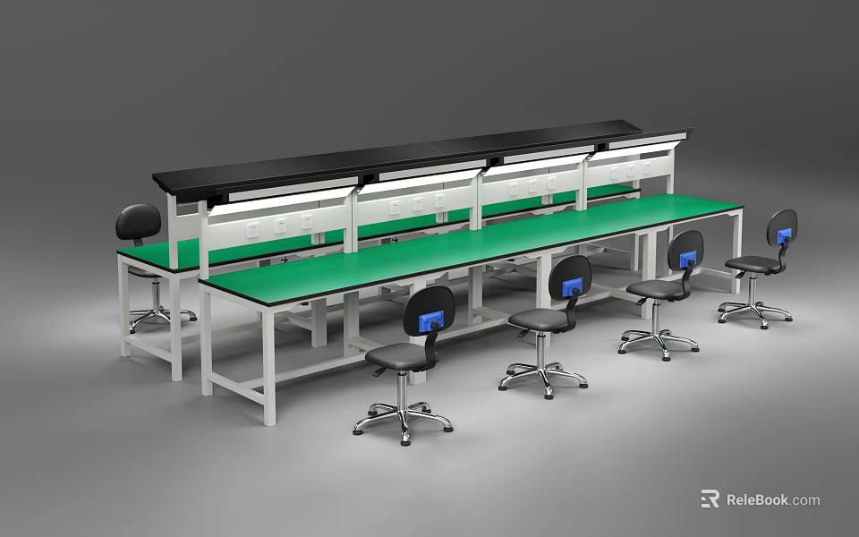 Laboratory Functional Tables With Green Tabletop White Frame And Rolling Chairs 3d model 