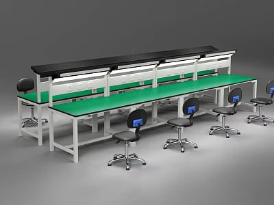 Laboratory Functional Tables With Green Tabletop White Frame And Rolling Chairs 3d model