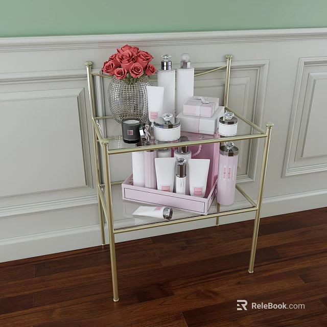 Elegant Perfume And Cosmetics Display On Gold Metal Rack With Pink Bottles And Roses 3d model 