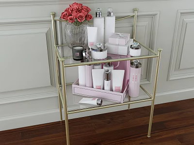 Elegant Perfume And Cosmetics Display On Gold Metal Rack With Pink Bottles And Roses 3d model