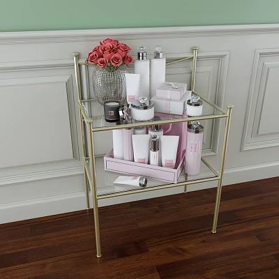 Elegant Perfume And Cosmetics Display On Gold Metal Rack With Pink Bottles And Roses 3d model