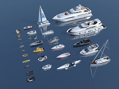 Various Luxury Yachts Sailboats and Motorboats on Blue Water 3d model