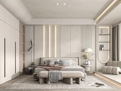 Modern Bedroom Interior With Comfortable Bed Paneled Wall Wardrobe Bedside Lamp Ottoman And Soft Rug 3d model
