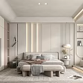 Modern Bedroom Interior With Comfortable Bed Paneled Wall Wardrobe Bedside Lamp Ottoman And Soft Rug