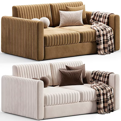 Stylish Brown And White Two Seater Sofa With Ribbed Design Pillows And Plaid Blanket 3d model