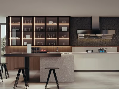 Modern Kitchen Interior With Glass Front Cabinets Island Counter And Bar Stools 3d model