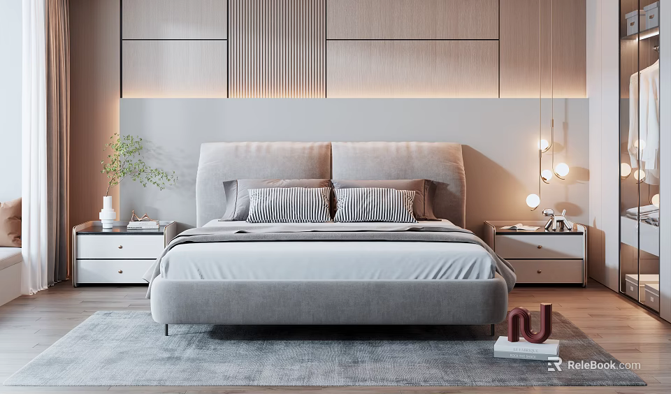 Modern Upholstered Double Bed With Nightstands Green Plant Pendant Lights And Gray Rug 3d model 