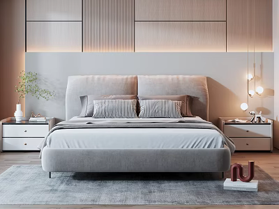 Modern Upholstered Double Bed With Nightstands Green Plant Pendant Lights And Gray Rug 3d model